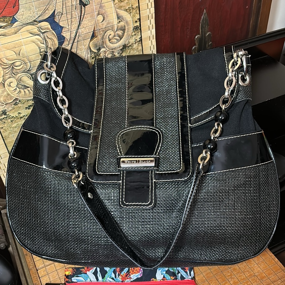 White House Black Market Black Patent Woven Shoulder Bag Flap Top 14”Lx12”Hx3”W